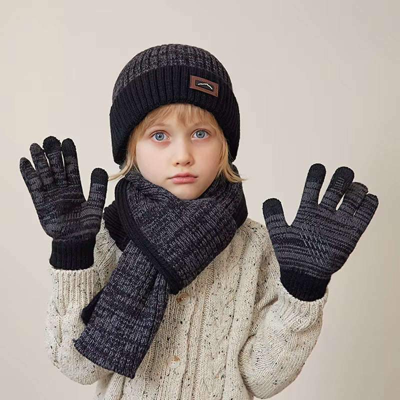 3Pcs Children Winter Hat Scarf Gloves Set Knitted Kids Beanie Scarves Non Slip Telefingers Gloves Child Cap for Girls Boys 4-10Y