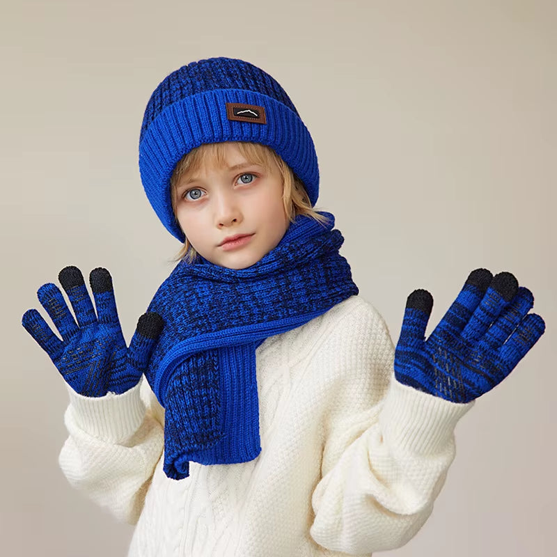 3Pcs Children Winter Hat Scarf Gloves Set Knitted Kids Beanie Scarves Non Slip Telefingers Gloves Child Cap for Girls Boys 4-10Y