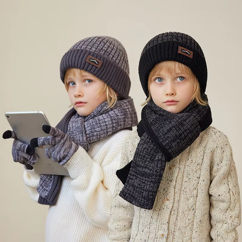 3Pcs Children Winter Hat Scarf Gloves Set Knitted Kids Beanie Scarves Non Slip Telefingers Gloves Child Cap for Girls Boys 4-10Y
