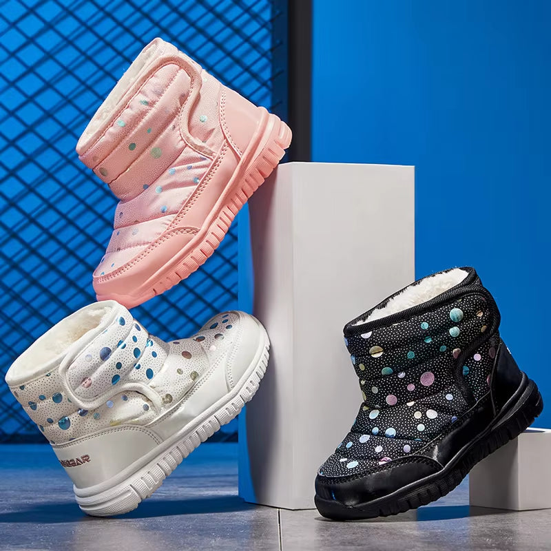 Winter Warm Fur Snow Boots Children Black Furry Shoes Girls Non-Slip Waterproof Kids Footwear Child Sneakers Baby Shoes Pink