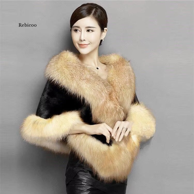 Luxury Elegant Womens Faux Mink Cashmere Winter Warm Fur Coat Shawl Cape Fashion Solid Ladies Faux Fur Pashmina Poncho