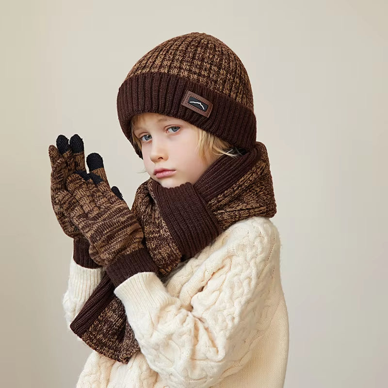 3Pcs Children Winter Hat Scarf Gloves Set Knitted Kids Beanie Scarves Non Slip Telefingers Gloves Child Cap for Girls Boys 4-10Y