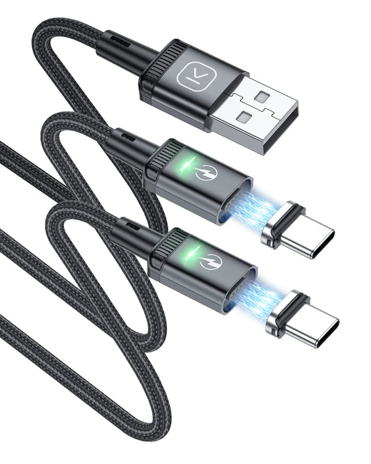Magnetic USB C Cable (2 Pack 6Ft/6Ft) 3A Fast Charging USB Type C Charger Cord with LED Nylon Braided USB C Magnetic Charging Cable for Samsung & Type C Device (Black 6Ft+6Ft)