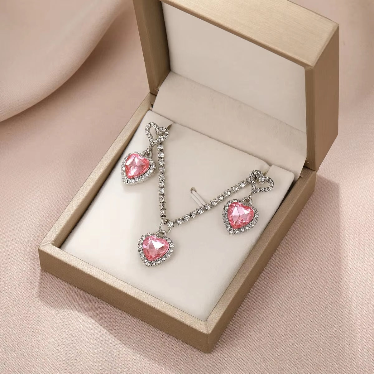Y2K Crystal Pink Heart Necklac Earring Set Fashion Kpop Shiny Clavicle Chain for Women Girls New Trend Party Gifts Jewelry 2023