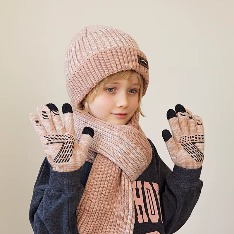 3Pcs Children Winter Hat Scarf Gloves Set Knitted Kids Beanie Scarves Non Slip Telefingers Gloves Child Cap for Girls Boys 4-10Y