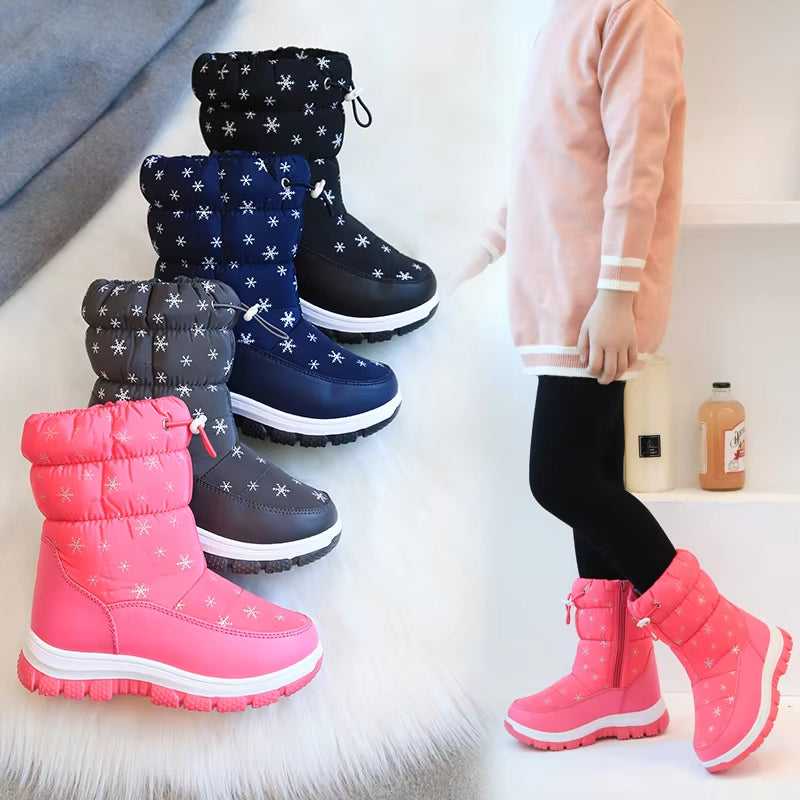Winter Warm Fur Snow Boots Children Black Furry Shoes Girls Non-Slip Waterproof Kids Footwear Child Sneakers Baby Shoes Pink