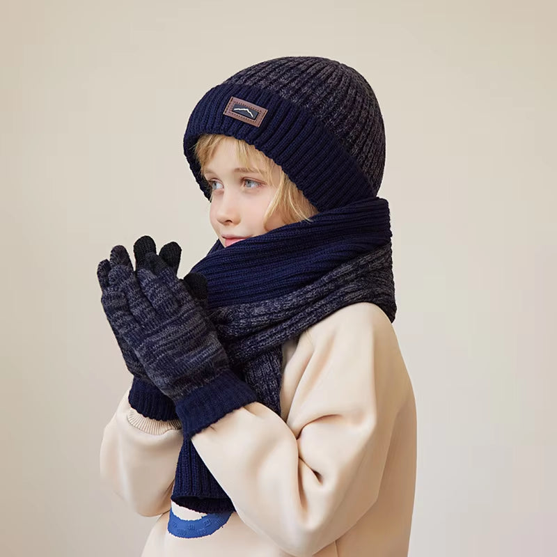 3Pcs Children Winter Hat Scarf Gloves Set Knitted Kids Beanie Scarves Non Slip Telefingers Gloves Child Cap for Girls Boys 4-10Y