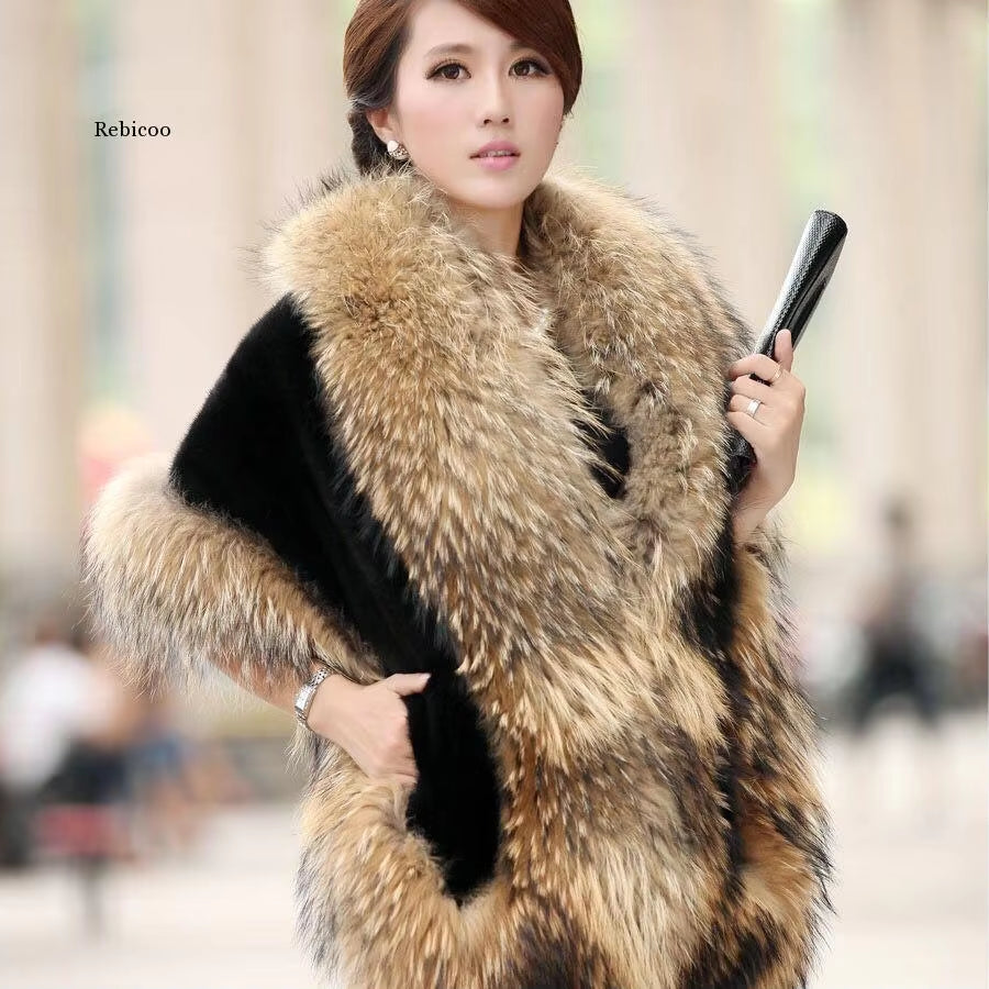 Luxury Elegant Womens Faux Mink Cashmere Winter Warm Fur Coat Shawl Cape Fashion Solid Ladies Faux Fur Pashmina Poncho