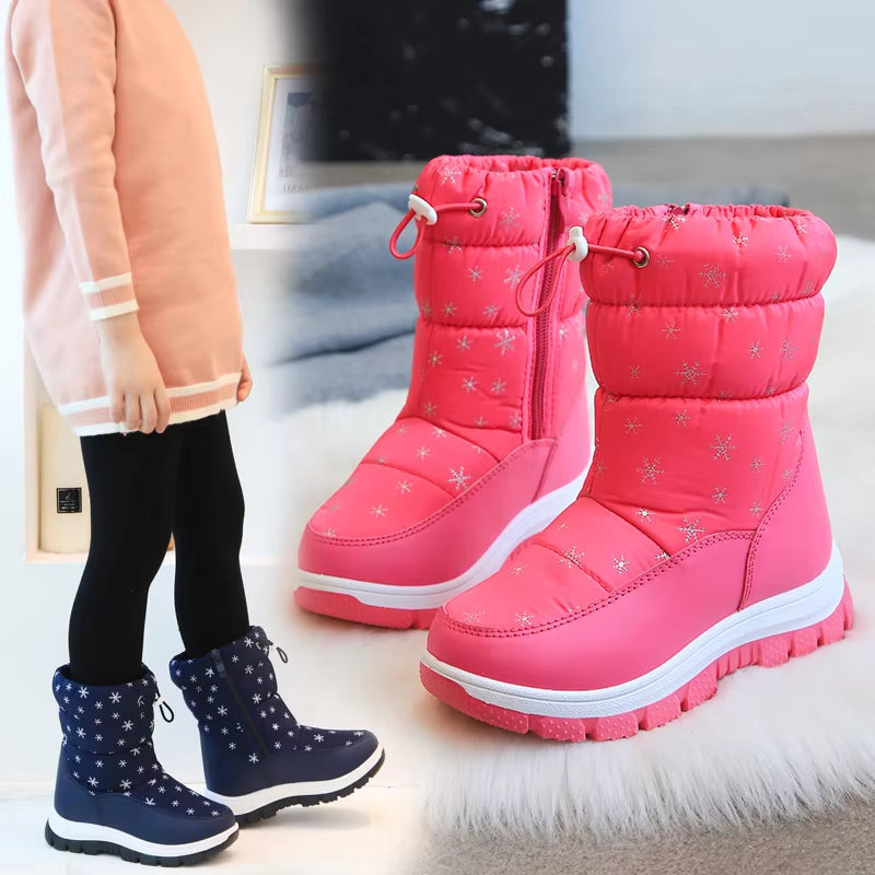 Winter Warm Fur Snow Boots Children Black Furry Shoes Girls Non-Slip Waterproof Kids Footwear Child Sneakers Baby Shoes Pink