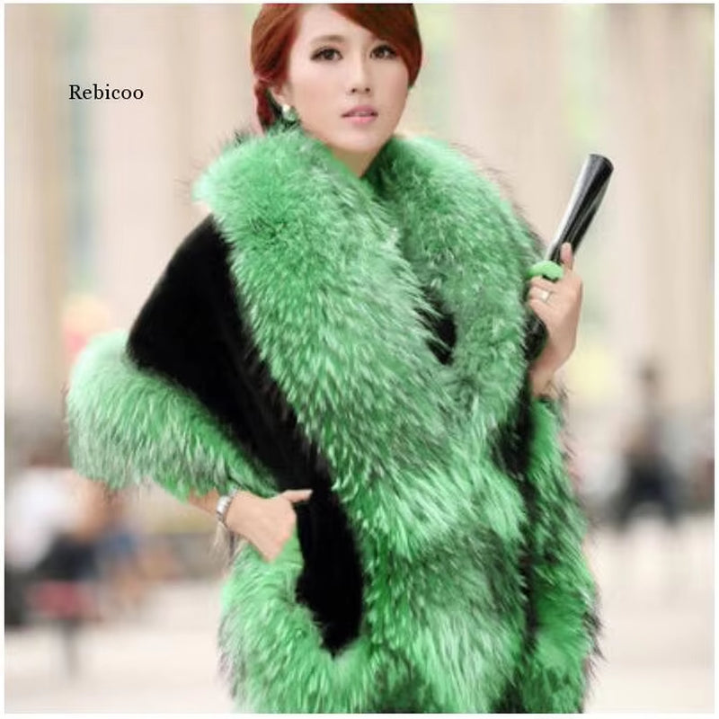 Luxury Elegant Womens Faux Mink Cashmere Winter Warm Fur Coat Shawl Cape Fashion Solid Ladies Faux Fur Pashmina Poncho