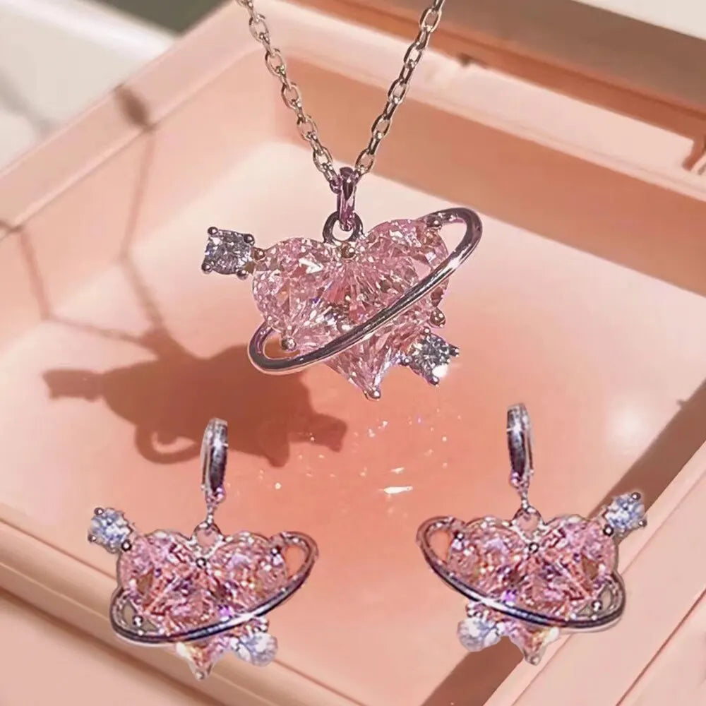 Y2K Crystal Pink Heart Necklac Earring Set Fashion Kpop Shiny Clavicle Chain for Women Girls New Trend Party Gifts Jewelry 2023
