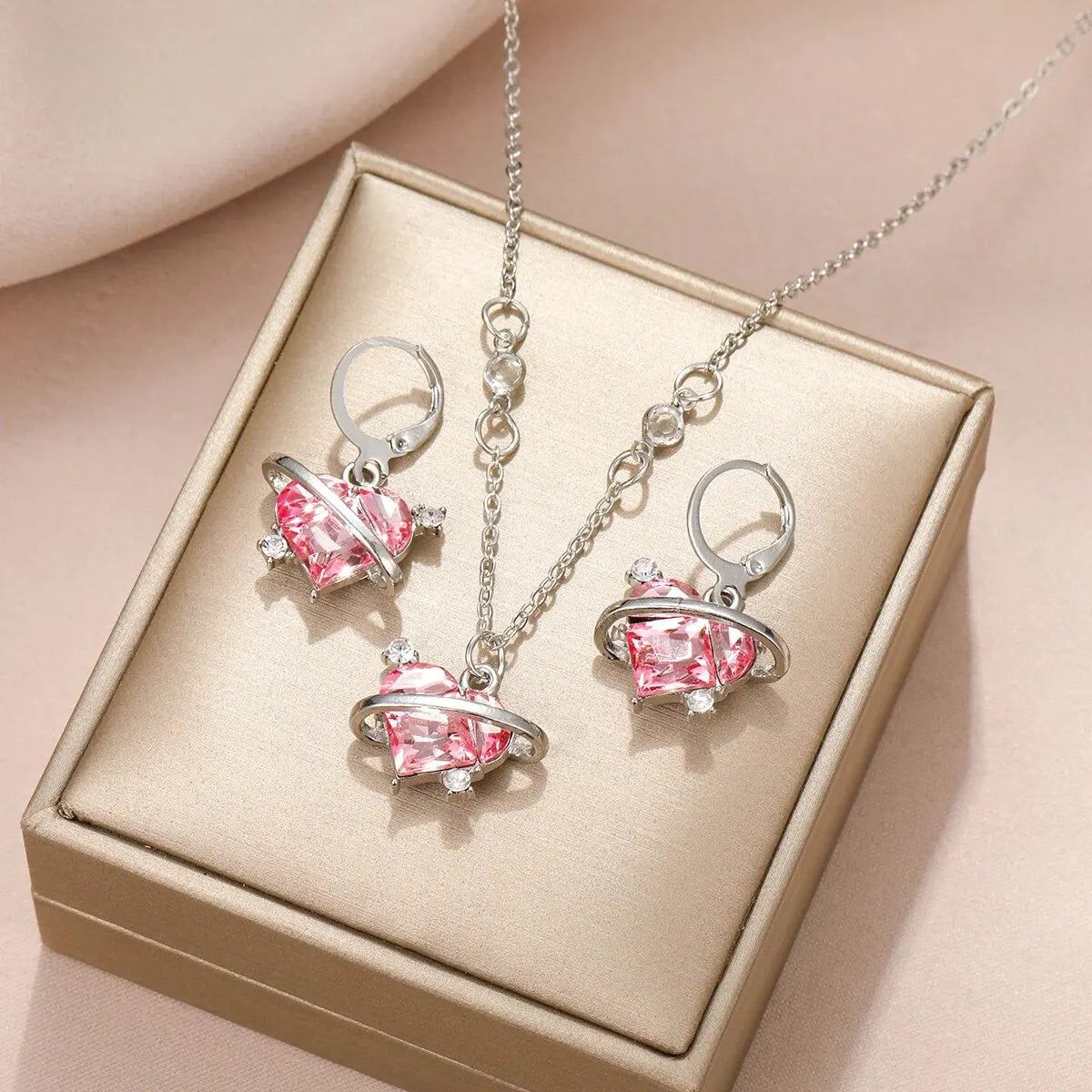 Y2K Crystal Pink Heart Necklac Earring Set Fashion Kpop Shiny Clavicle Chain for Women Girls New Trend Party Gifts Jewelry 2023