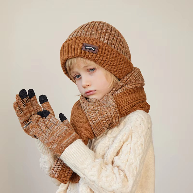 3Pcs Children Winter Hat Scarf Gloves Set Knitted Kids Beanie Scarves Non Slip Telefingers Gloves Child Cap for Girls Boys 4-10Y