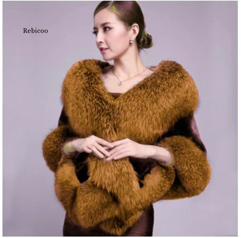 Luxury Elegant Womens Faux Mink Cashmere Winter Warm Fur Coat Shawl Cape Fashion Solid Ladies Faux Fur Pashmina Poncho
