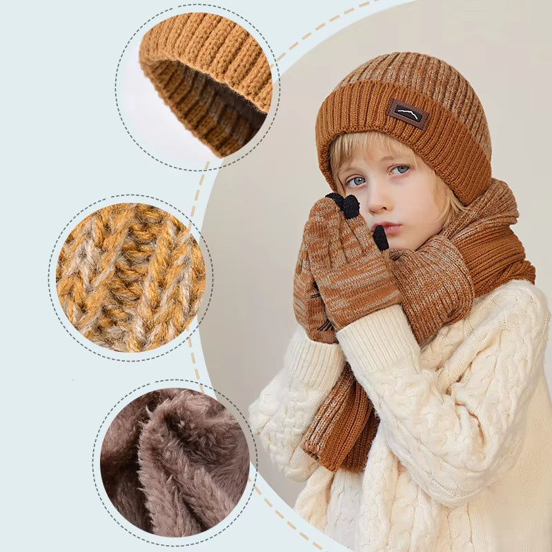 3Pcs Children Winter Hat Scarf Gloves Set Knitted Kids Beanie Scarves Non Slip Telefingers Gloves Child Cap for Girls Boys 4-10Y