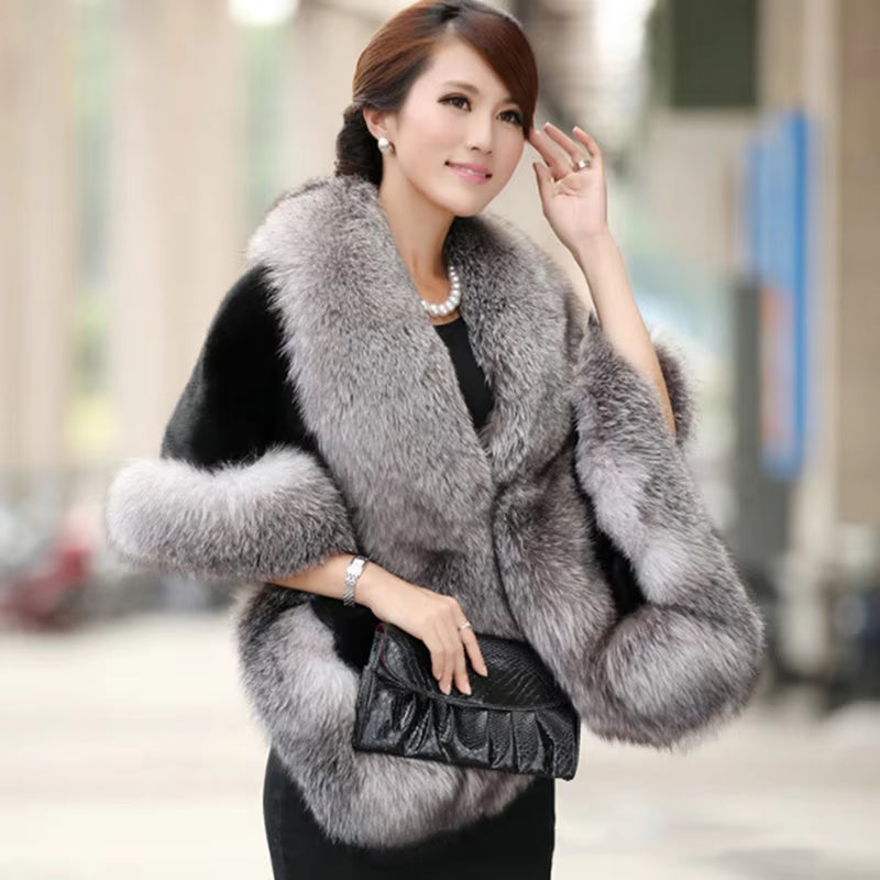 Luxury Elegant Womens Faux Mink Cashmere Winter Warm Fur Coat Shawl Cape Fashion Solid Ladies Faux Fur Pashmina Poncho